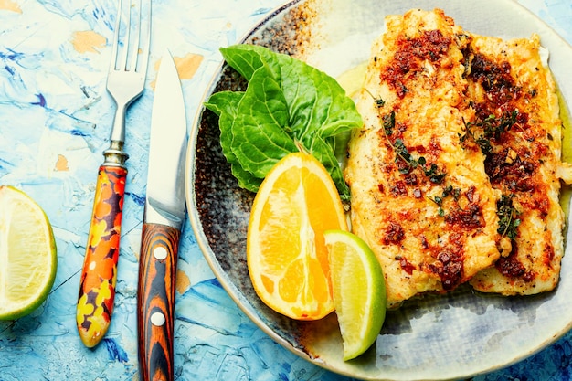 Filé de peixe grelhado com laranja, deliciosos frutos do mar.