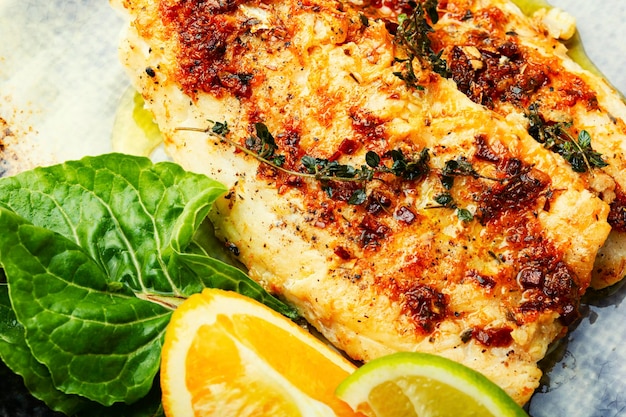 Filé de peixe grelhado com laranja, deliciosos frutos do mar.