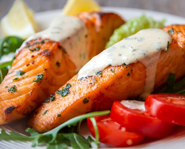 Foto filé de peixe salmão cozido com ervas e legumes