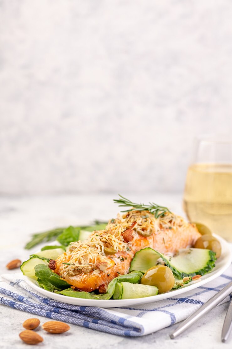 Foto filé de peixe vermelho assado com queijo. salmão grelhado decorado com legumes frescos e azeitonas verdes.