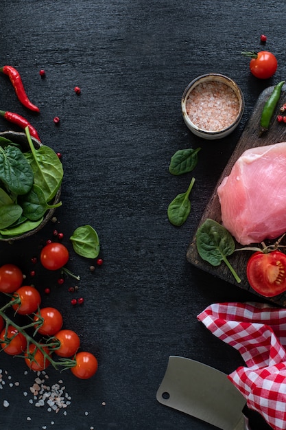 Filé de peru cru pronto para grelhar. Filé de frango em uma tábua de madeira com tomate cereja, pimenta, folhas de espinafre e verduras. copie o espaço. vista do topo. Foto vertical