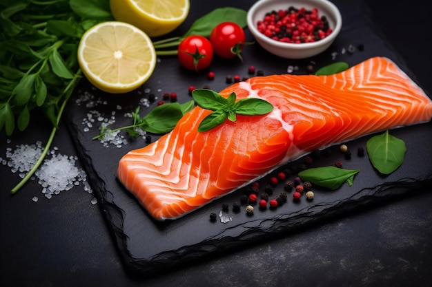 Filé de salmão com pimenta e limão em mesa de madeira escura Filé de peixe de salmões fresco