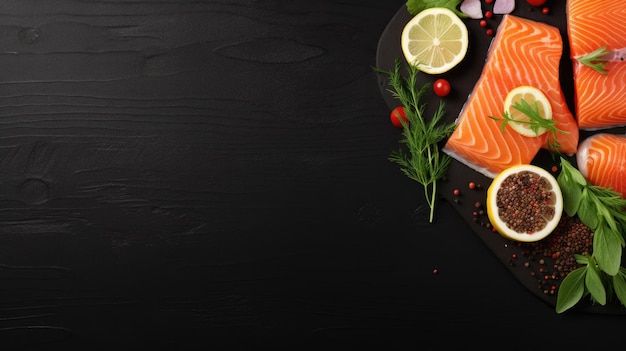 Filé de salmão cru fresco com ingredientes de cozinha ervas e limão em fundo preto