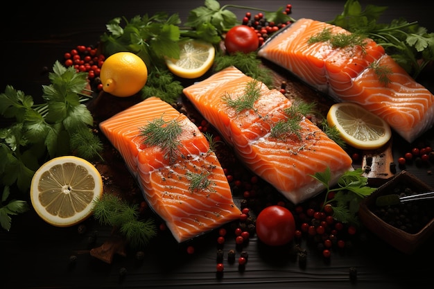 Filé de salmão fresco com especiarias ervas e legumes em fundo de madeira