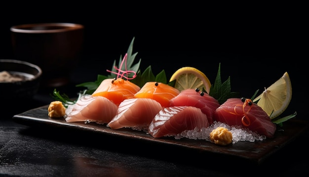 Filé de sashimi fresco no prato um almoço gourmet de frutos do mar gerado por IA