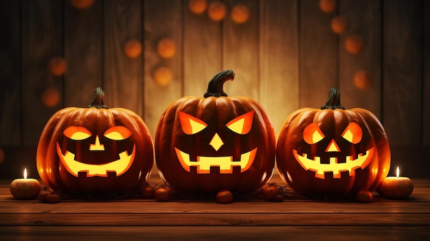 Fileira de abóboras jackolantern e velas na mesa de madeira fundo de Halloween Generative AI