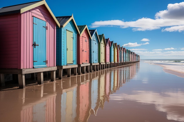 Fileira de cabanas de praia coloridas em um dia ensolarado com seus reflexos no mar IA generativa