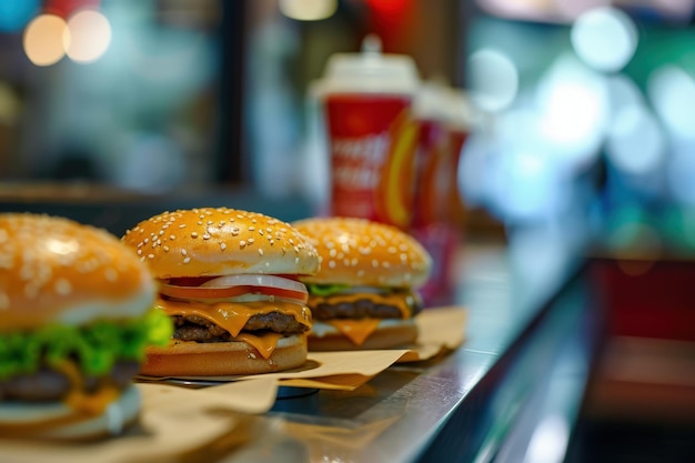 Foto fileira de hambúrgueres no balcão