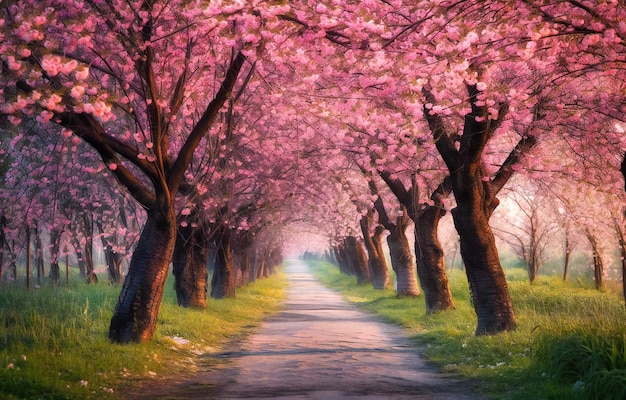 Fileiras de árvores cor-de-rosa estão no caminho de uma árvore florescente de primavera