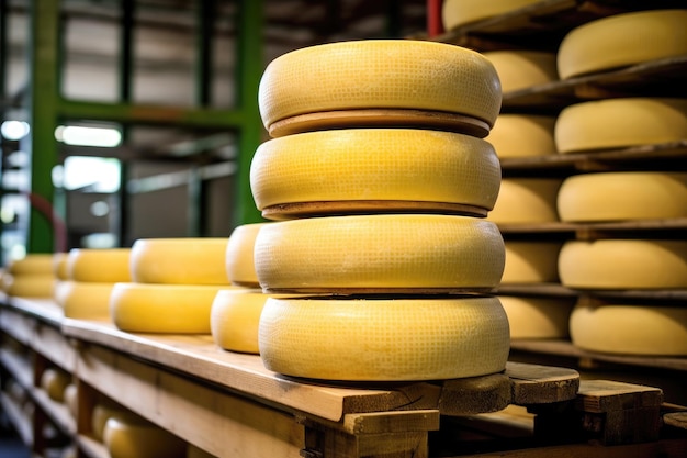 Fileiras de círculos de maturação na adega de queijo