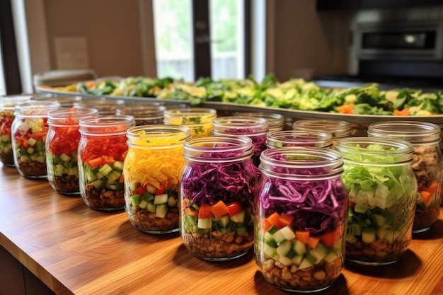 Fileiras de saladas em frasco de vidro no balcão da cozinha