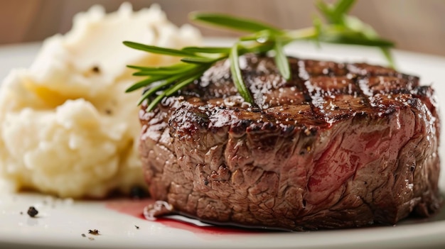 Filet mignon bife adornado com um galho de romário e um lado de puré de batatas com alho