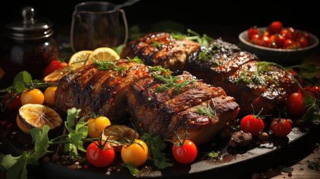 Filete ahumado con salsa barbacoa derretida sobre fondo negro