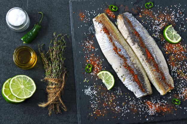 Filete de arenque con sal marina y especias en un tablero de piedra negra. Filetes de arenque noruego