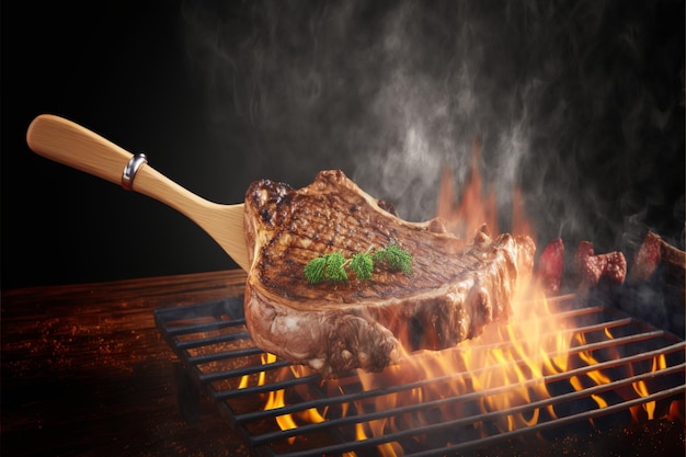 Un filete asado a la parrilla con una cuchara saliendo de él.