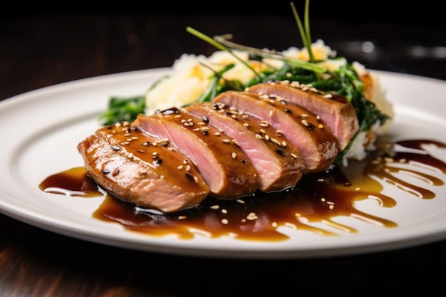 Filete de atún emplatado glaseado con salsa teriyaki