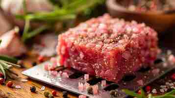 Foto un filete de atún fresco sazonado con sal y pimienta listo para cocinar