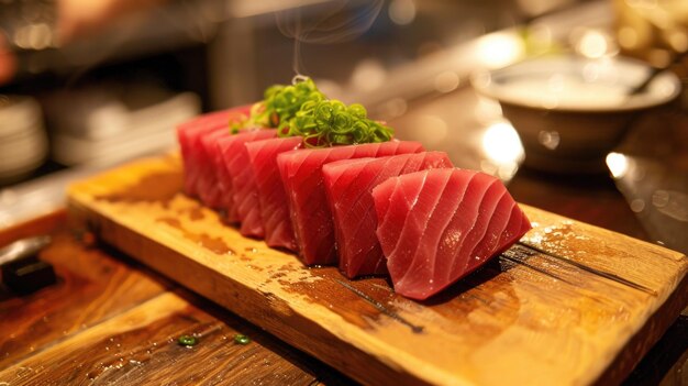 Filete de atún rojo fresco en una tabla de cortar de madera