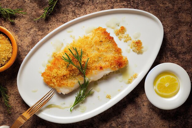 Filete de bacalao dorado al horno en pan rallado con una ramita verde de perejil y limones en un recipiente poco profundo ilustración 3d