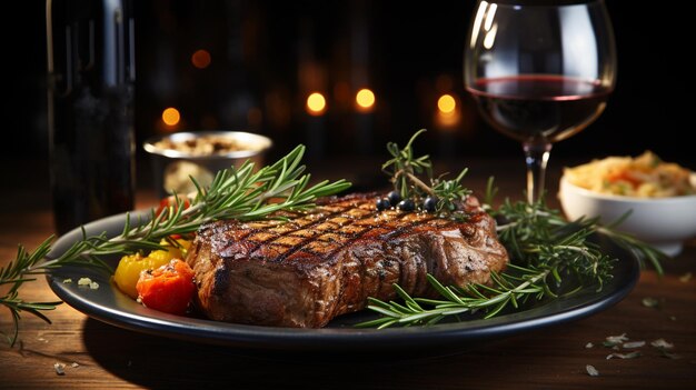 Un filete de carne con una copa de vino.