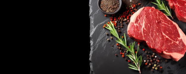 Un filete de carne cruda en una mesa de piedra de lujo oscura.