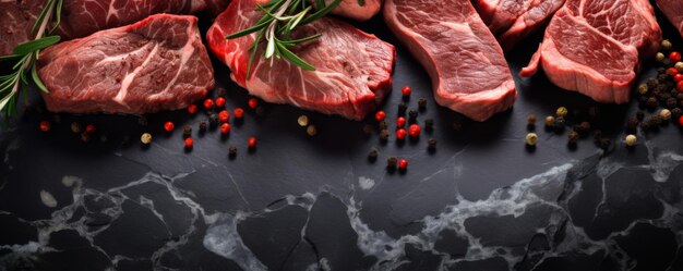 Un filete de carne cruda en una mesa de piedra de lujo oscura.