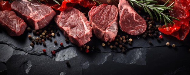 Foto un filete de carne cruda en una mesa de piedra de lujo oscura.