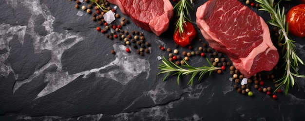 Un filete de carne cruda con sal en una mesa de piedra de lujo oscura.