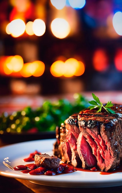 Un filete de carne en la mesa de un restaurante