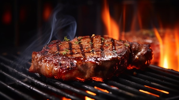 Foto un filete de carne a la parrilla en un depósito de parrilla inoxidable con llamas generada por una red neuronal de ia