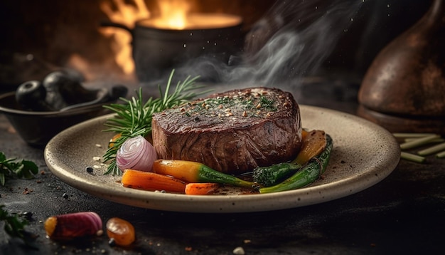 Filete de carne a la parrilla verduras frescas mesa rústica generada por la IA