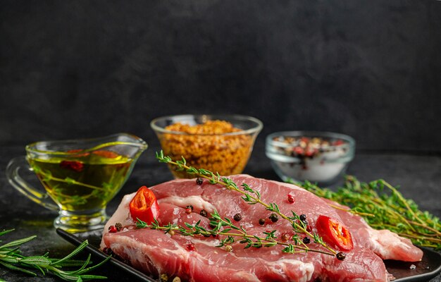 Filete de cerdo con aceite picante, mostaza y hierbas sobre fondo oscuro