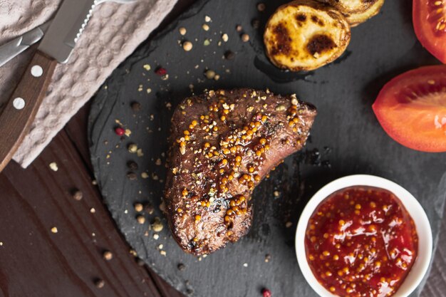 Filete de cerdo asado en tablero de piedra negra sobre fondo oscuro con salsa de tomate y patata frita