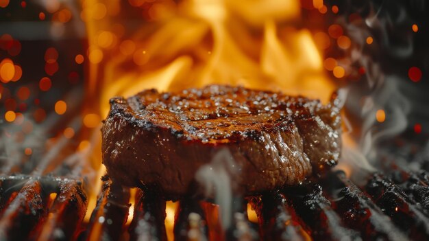 Un filete chisporroteante en una parrilla caliente con llamas y humo a su alrededor