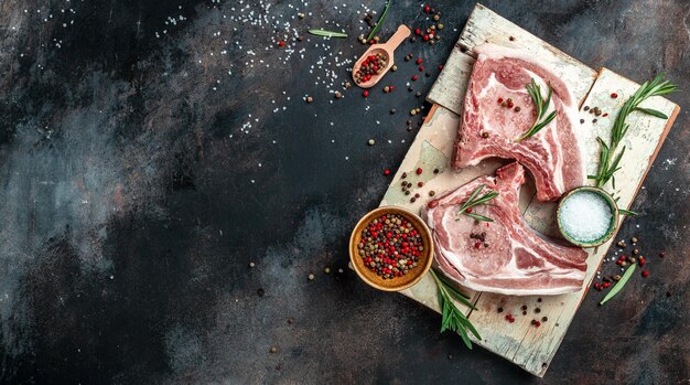 Filete de chuleta de cerdo crudo con especias y chuleta de ternera de cerdo al romero en un lugar de vista superior de hueso para texto