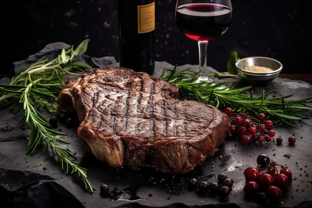 Filete chuletón a la parrilla con condimentos de vino tinto sobre mesa de piedra