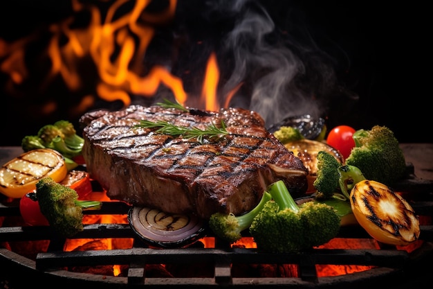 Filete cocinado a fuego abierto con verduras