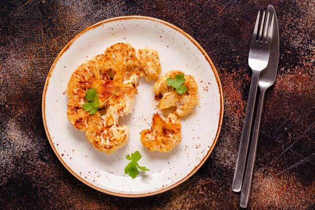 Filete de coliflor con especias cocinadas en la vista superior del horno Sustituto de carne vegetal