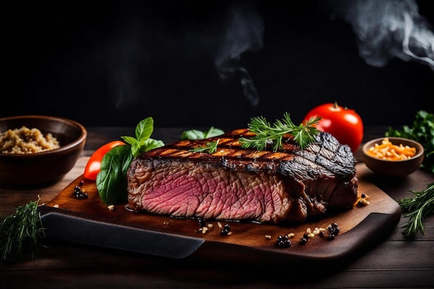 Foto un filete con un cuchillo y un cuchilo en una tabla de cortar