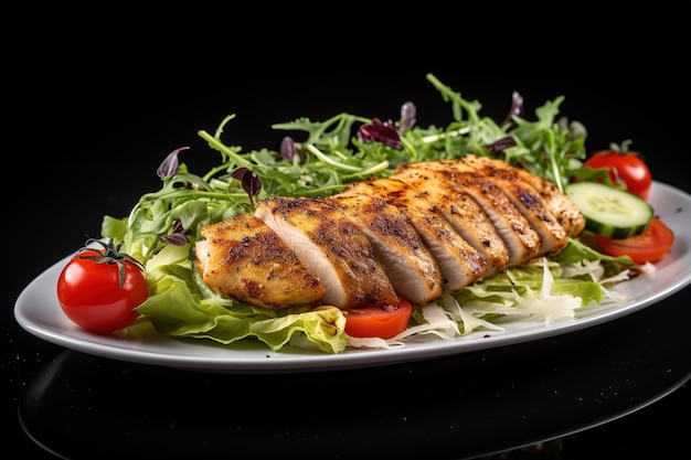 Filete de frango grelhado com salada em uma superfície reflexiva preta Dieta cetogênica de alimentos saudáveis