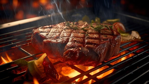 un filete se está cocinando en una parrilla con la parrilla en el fondo