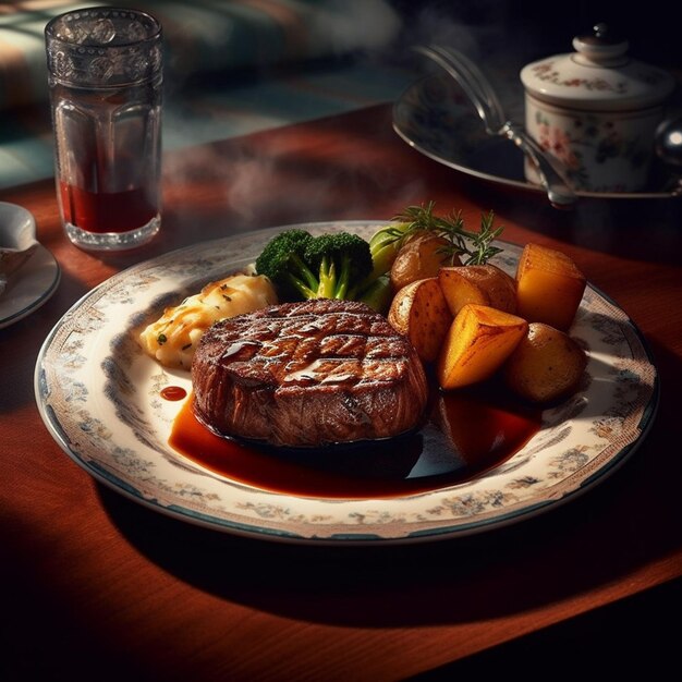 Un filete de filete a la parrilla en una mesa de madera rústica