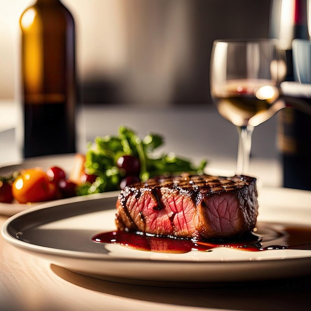 Un filete gourmet, vino tinto y un plato de verduras saludables, una cena deliciosa y generativa.