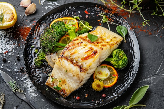 Foto filete de halibut horneado y brócoli vista superior pescado plano a la parrilla o pescado de sol en fondo de piedra negra natural