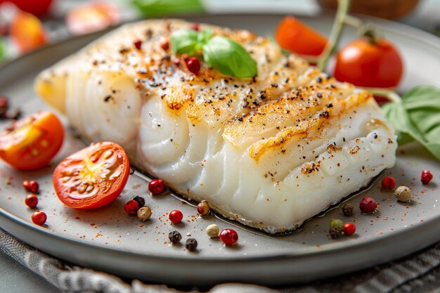 Filete de halibut horneado en el plato de la mesa de la cocina gráfica de publicidad de alimentos profesional