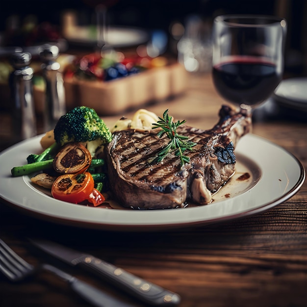 Filete de hueso en un plato con vino