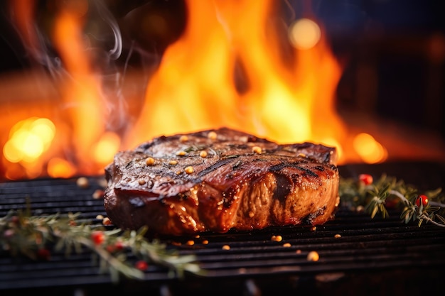 Un filete jugoso chisporroteando en una parrilla con llamas intensas en el fondo creando una comida deliciosa Filete a la parrilla en una parrilla con llamas y fondo bokeh AI generado