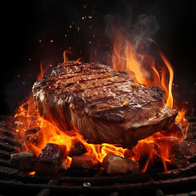 Foto un filete jugoso a la parrilla cocinado en el fuego.