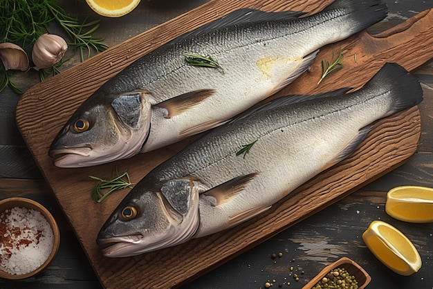 Filete de lubina fresco con especias aromáticas en una tabla de madera