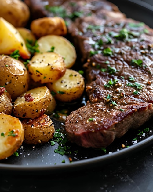 Foto filete con mantequilla de ajo y patatas en una sartén en un plato negro